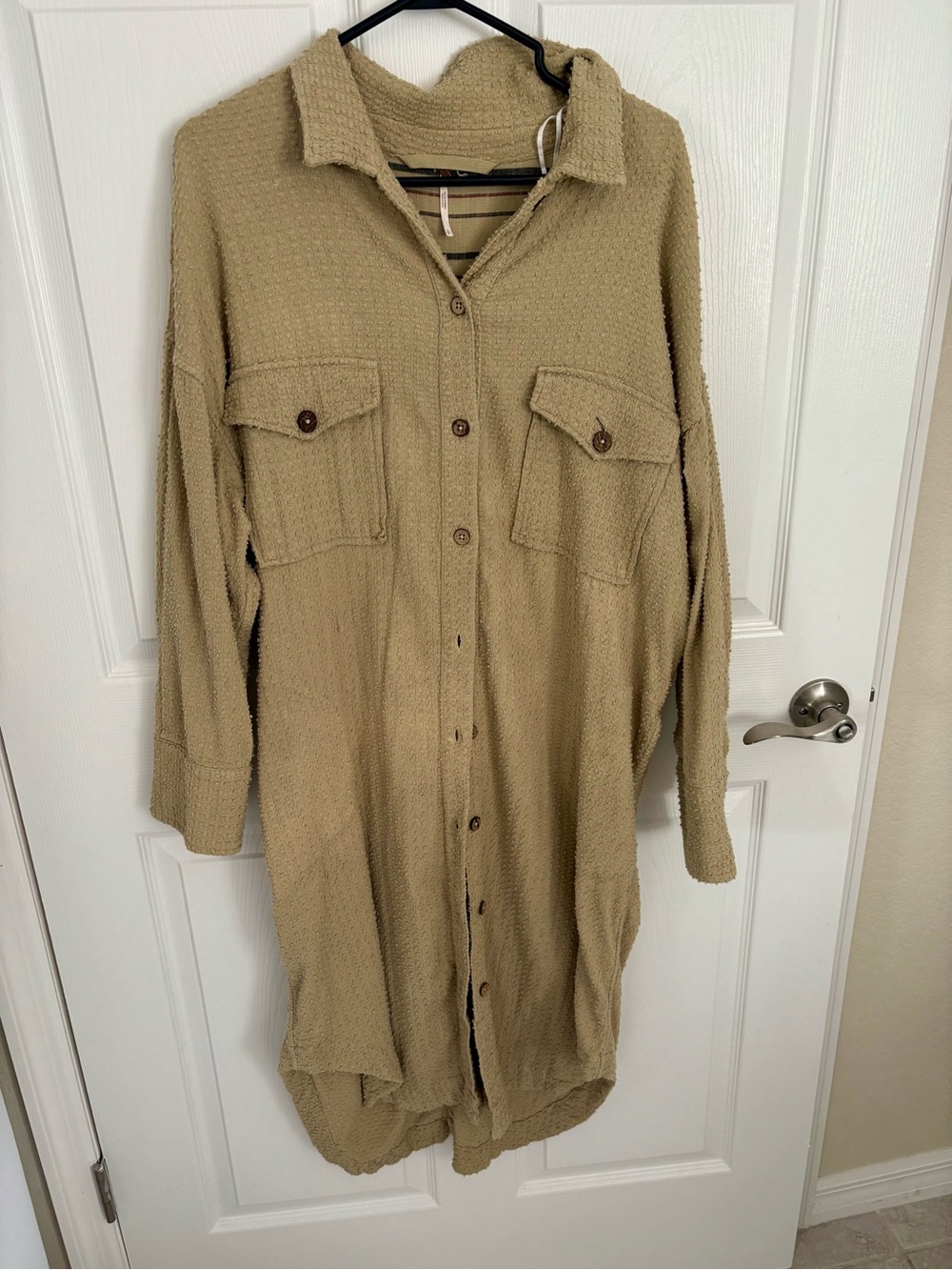 Free People Long Sleeve Button-Front Textured Shirt Dress in Beige